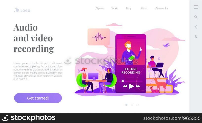 Podcast courses, audio and video recording, class recording access and study aid concept. Website interface UI template. Landing web page with infographic concept creative hero header image.. Recorded classes landing page template.