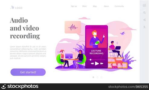 Podcast courses, audio and video recording, class recording access and study aid concept. Website interface UI template. Landing web page with infographic concept creative hero header image.. Recorded classes landing page template.