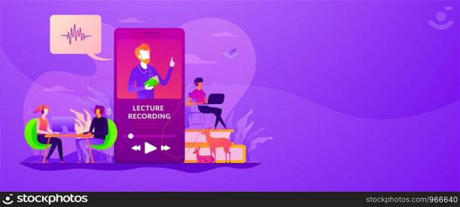 Podcast courses, audio and video recording, class recording access and study aid concept. Vector banner template for social media with text copy space and infographic concept illustration.. Recorded classes web banner concept.