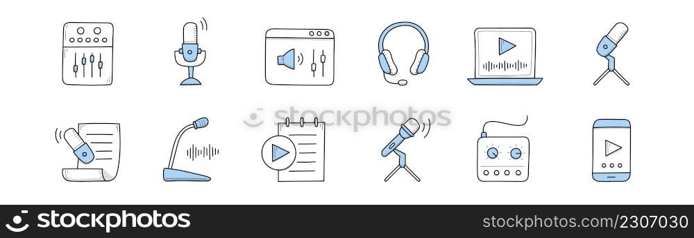 Podcast doodle icons with microphone, audio record, headphones and sound studio tools. Vector hand drawn signs of online broadcast, radio talk show isolated on white background. Podcast doodle icons with microphone, headphones