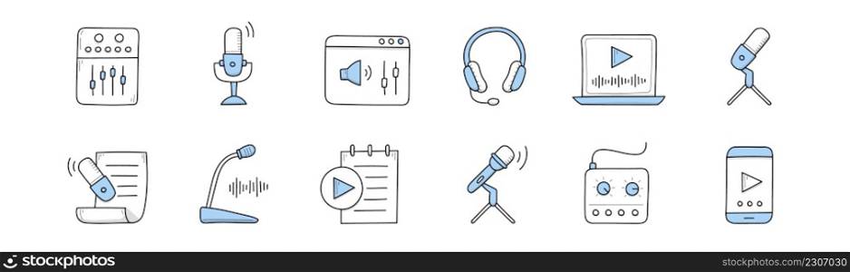 Podcast doodle icons with microphone, audio record, headphones and sound studio tools. Vector hand drawn signs of online broadcast, radio talk show isolated on white background. Podcast doodle icons with microphone, headphones
