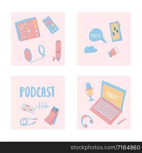 Podcast emblem with handwritten lettering and decoration. Text and podcasts symbols isolated on white background. Vector illustration.