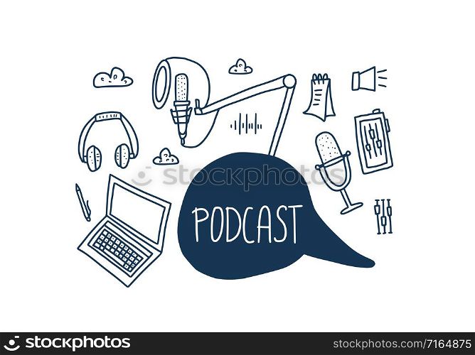 Podcast emblem with handwritten lettering and decoration. Text and podcasts symbols isolated. Vector conceptual illustration.