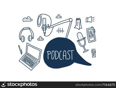 Podcast emblem with handwritten lettering and decoration. Text and podcasts symbols isolated. Vector conceptual illustration.