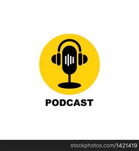 Podcast icon. Flat illustration with table studio microphone and headphones.