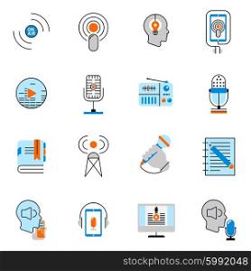 Podcast icons flat line set. Podcast icons flat line set with social media symbols isolated vector illustration