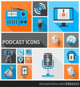 Podcast icons flat. Podcast icons flat set with internet radio and talk show symbols isolated vector illustration