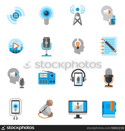 Podcast Icons Flat Set. Podcast and online audio information flat icons set isolated vector illustration
