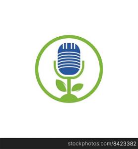 Podcast leaf nature ecology vector logo design. Podcast talk show logo with mic and leaves. 
