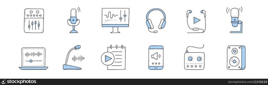 Podcast, radio broadcast and music doodle icons. Equalizer, microphone, audio computer program, headset, playlist application, laptop with sound wave, phone and dynamics, Line art vector illustration. Podcast, radio broadcast or music doodle icons set