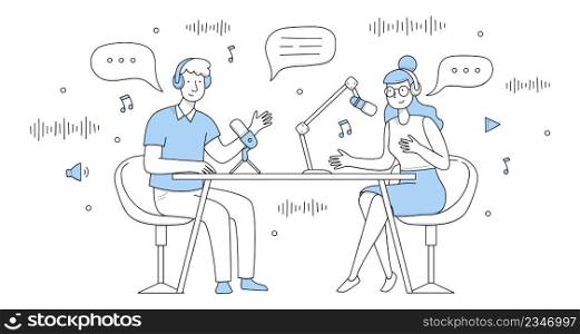 Podcast record, radio interview broadcast doodle concept. Dj characters wear headphones sitting in studio with microphones on desk, speaking with speech bubbles, Cartoon people vector illustration. Podcast record, radio interview broadcast doodle