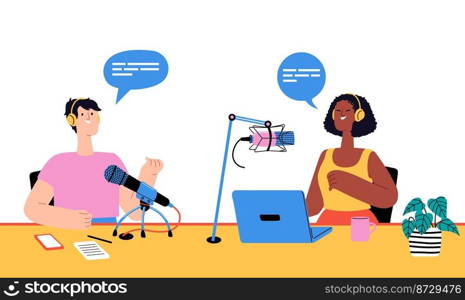 Podcast recording, radio programs for interview online. Vector of online microphone broadcast, studio speaker entertainment, program broadcasting show illustration. Podcast recording, radio programs for interview online