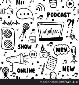 Podcast show seamless pattern. Background for blogging and vlogging. Live streaming. Hand drawn vector illustration with different podcast elements