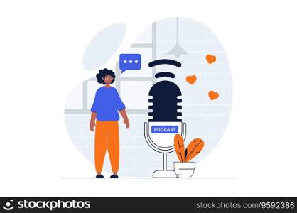 Podcast streaming web concept with character scene. Man recording audio in huge microphone for podcast show. People situation in flat design. Vector illustration for social media marketing material.