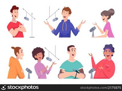 Podcast studio. Characters dialogue audio microphone interview headphones radio broadcast vector flat people in cartoon style. Broadcast and podcast record, interview studio microphone illustration. Podcast studio. Characters dialogue audio microphone interview headphones radio broadcast exact vector flat people in cartoon style
