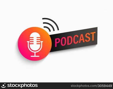 Podcast symbol, icon with studio microphone. Emblem for broadcast,news and radio streaming. Template for shows, live performances. Dj audio podcasting. Vector illustration.. Podcast symbol, icon with studio microphone.