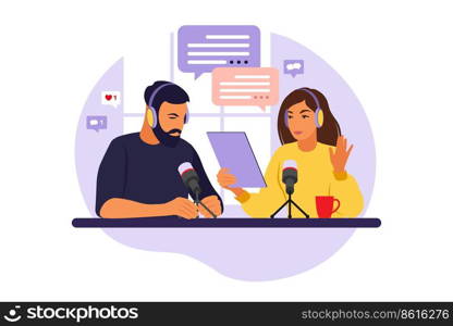 Podcaster talking to microphone recording podcast in studio. Radio host with table flat vector illustration.