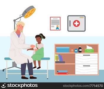 Podiatrist bandages girl s hand. Patient with sore arm in medical office. Orthopedic room concept. Orthopedist treats a child in hospital. Children s doctor works with a patient vector illustration. Podiatrist bandages girl s hand. Patient with a sore arm in medical office. Orthopedic room concept