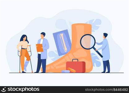 Podiatrist examining ankle and foot of female patient. Woman on crutches with plaster on leg consulting doctor with X ray. Vector illustration for treatment, podiatry, disease, health care concept