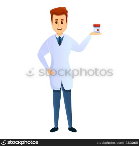 Podiatrist with capsule jar icon. Cartoon of podiatrist with capsule jar vector icon for web design isolated on white background. Podiatrist with capsule jar icon, cartoon style