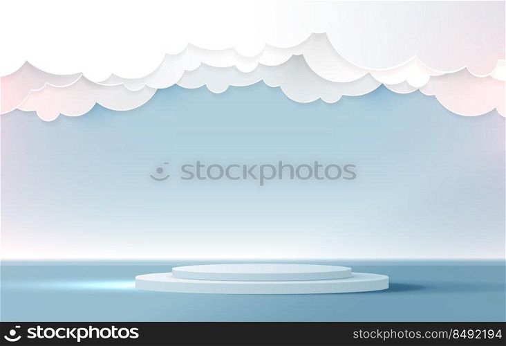 Podium display for product presentation branding and studio stage with beautiful fluffy blue clouds paper cut art style. vector design.