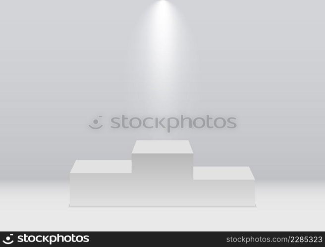 Podium of winner. Pedestal for first place. Stage and platform of olympic ch&ion. Ceremony for winner, second and third places. White stand with illuminated of spotlight for award. Vector.
