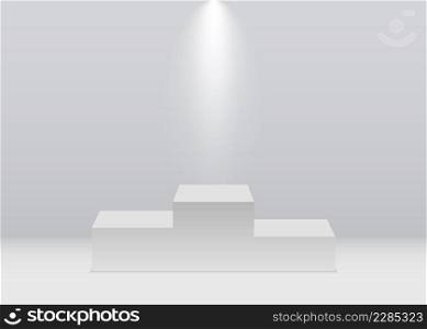 Podium of winner. Pedestal for first place. Stage and platform of olympic ch&ion. Ceremony for winner, second and third places. White stand with illuminated of spotlight for award. Vector.