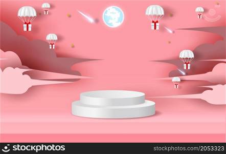 podium on pink background. Parachute gift box fly air in holiday sky. Paper cut and craft style. winter snowfall holiday season. Festival party vector. Stand on pastel love valentine day. illustration