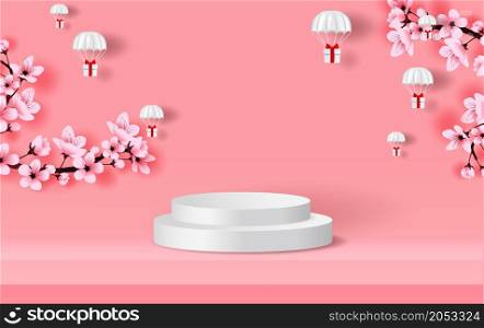 podium on pink Background. Parachute gift box fly air in holiday sky. Paper cut and craft. winter snowfall season with Sakura flower japan. Happy new year Festival party vector. Stand on pastel love