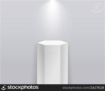 Podium pedestal. 3d white stand. Stage with spotlight. Pillar with platform for product, showroom, exposition and exhibition. Hexagon mockup with spotlight for museum. Vector.
