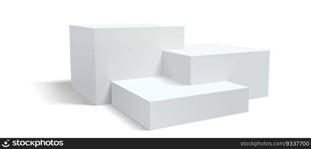 Podium pedestal, vector display platform or 3D stage stand, realistic racked dais. White studio podium background or product display pedestal platform pillars
