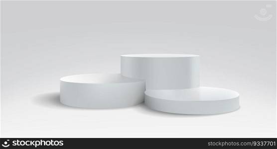 Podium platform or stage, 3d white stand, realistic product display background. Vector round dais pedestal or podium platform pillars for product display or presentation