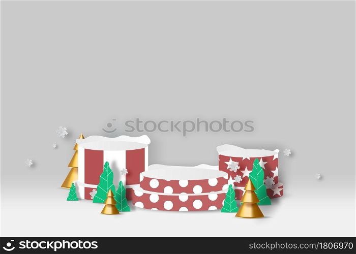 Podium product stand for Christmas event for celebrate next year paper art. Mockup Christmas and New Year stage podium scene with blank space background. banner studio room. paper cut and craft style