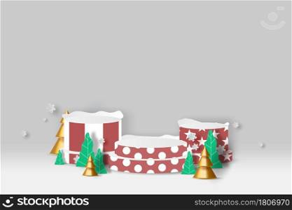 Podium product stand for Christmas event for celebrate next year paper art. Mockup Christmas and New Year stage podium scene with blank space background. banner studio room. paper cut and craft style