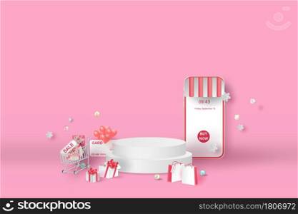 Podium product stand for Christmas for shopping online next year paper art. Mockup Christmas and New Year stage podium scene with blank space background. Sale banner paper cut and craft style. Vector