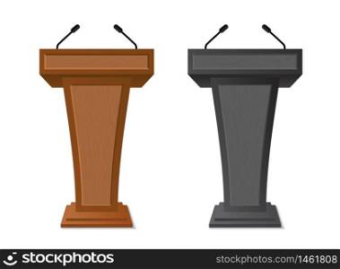 Podium rostrum with microphone for debate, speech, press conference, dispute, audience. Podium tribune with empty place for speaker, lecture.Isolated stage stand for debate.vector eps10. Podium rostrum with microphone for debate, speech, press conference, dispute, audience. Podium tribune with empty place for speaker, lecture.Isolated stage stand for debate.vector