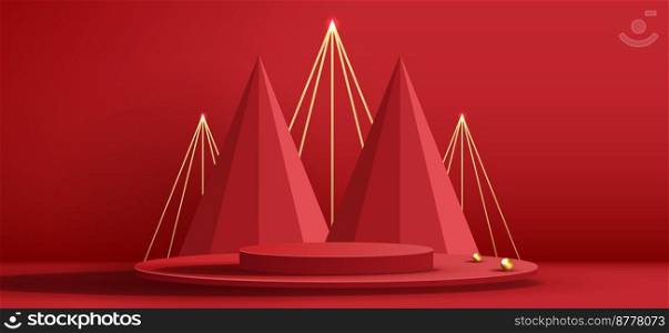 Podium shape for show cosmetic product display for Christmas day or New Years. Stand product showcase on red background with tree christmas. vector design.