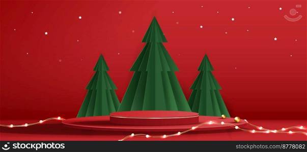 Podium shape for show cosmetic product display for Christmas day or New Years. Stand product showcase on red background with tree christmas. vector design.