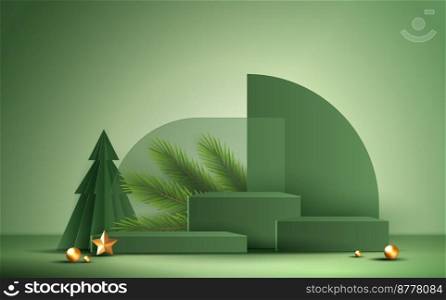 Podium shape for show cosmetic product display for Christmas day or New Years. Stand product showcase on green background with tree christmas. vector design.