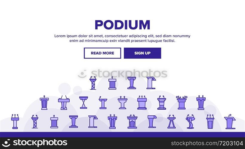 Podium Speaker Tool Landing Web Page Header Banner Template Vector. Podium With Microphone For Debates, Tribune For Reader Or Orator, Classroom Pedestal Illustrations. Podium Speaker Tool Landing Header Vector
