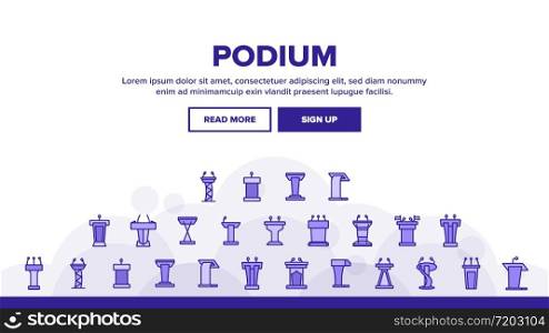 Podium Speaker Tool Landing Web Page Header Banner Template Vector. Podium With Microphone For Debates, Tribune For Reader Or Orator, Classroom Pedestal Illustrations. Podium Speaker Tool Landing Header Vector