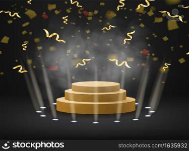 Podium stage with rays of spotlights for Award ceremony Winner with smoke, confetti. Gold platform concept. Vector illustration isolated. Podium stage with rays of spotlights for Award ceremony Winner with smoke, confetti. Gold platform concept. Vector illustration