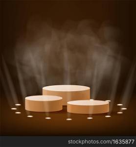 Podium stage with rays of spotlights for Award ceremony Winner with smoke. Gold platform concept. Vector illustration isolated. Podium stage with rays of spotlights for Award ceremony Winner with smoke. Gold platform concept. Vector illustration