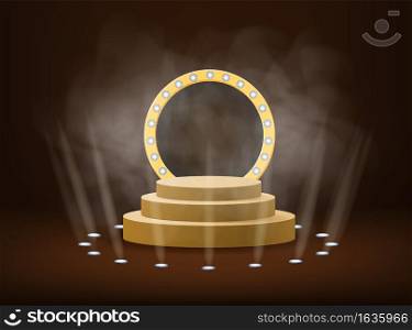 Podium stage with rays of spotlights for Award ceremony Winner with smoke. Gold platform concept. Vector illustration isolated. Podium stage with rays of spotlights for Award ceremony Winner with smoke. Gold platform concept. Vector illustration