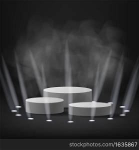 Podium stage with rays of spotlights for Award ceremony Winner with smoke. White platform concept. Vector illustration isolated. Podium stage with rays of spotlights for Award ceremony Winner with smoke. White platform concept. Vector illustration