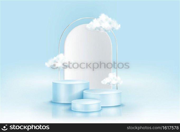 Podium with clouds, abstract background with geometric figures, empty cylindrical stage for award ceremony, product presentation platform, pedestal on blue sky backdrop, Realistic 3d vector concept. Podium with clouds, abstract background, pedestal