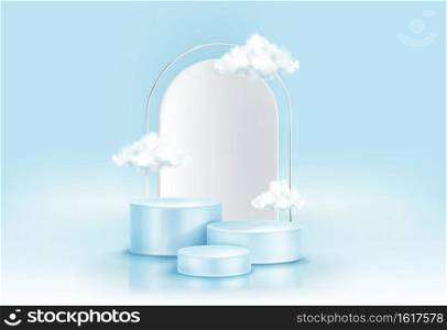 Podium with clouds, abstract background with geometric figures, empty cylindrical stage for award ceremony, product presentation platform, pedestal on blue sky backdrop, Realistic 3d vector concept. Podium with clouds, abstract background, pedestal