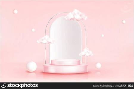 Podium with clouds, abstract background with geometric spheres, empty cylindrical stage for award ceremony or product presentation platform, pedestal on pink backdrop, Realistic 3d vector concept. Podium with clouds, abstract background, pedestal