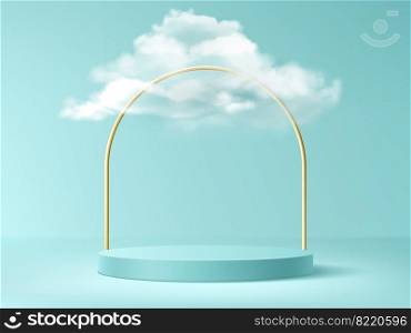 Podium with clouds and gold arch, abstract background with empty cylindrical stage for award ceremony, product presentation platform, pedestal on turquoise sky backdrop, Realistic 3d vector concept. Podium with clouds and gold arch, background.