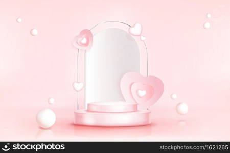Podium with hearts, abstract pink background with scattered spheres, empty cylindrical stage for award ceremony or product presentation platform, pedestal for Valentines day promo Realistic 3d vector. Podium with hearts, abstract pink background.